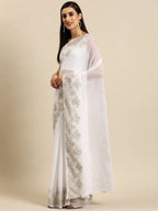 Ahalyaa Women's Traditional Semi Stitch Saree - White | Grocsy
