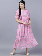 Myshka Women Pink Printed Fit and Flare Dress | Grocsy