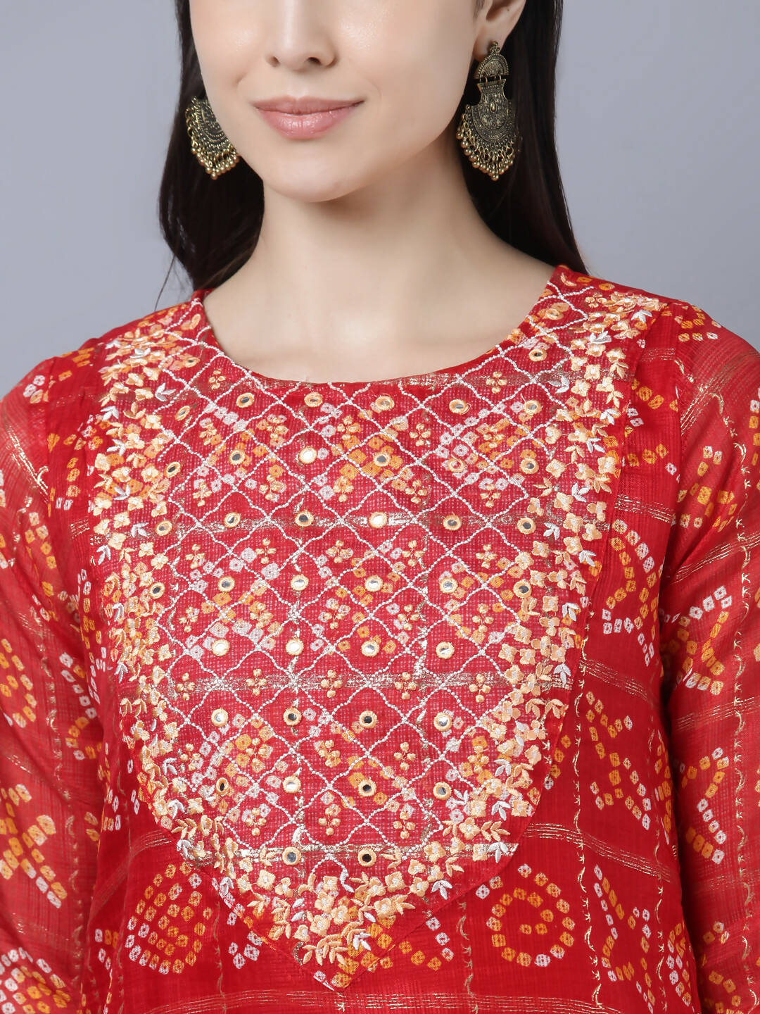 Myshka Women Red Yellow Bandhani Printed Mirror Work Kurta | Grocsy