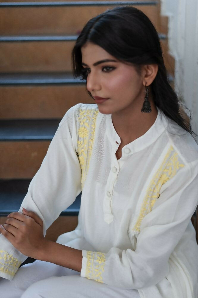 Zibaa Ivory & Yellow Muslin Short Chikankari Kurti | Grocsy