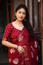 Maroon Cotton Crepe Batik Print Saree with Unstitched Blouse - Hiral Fashion | Grocsy