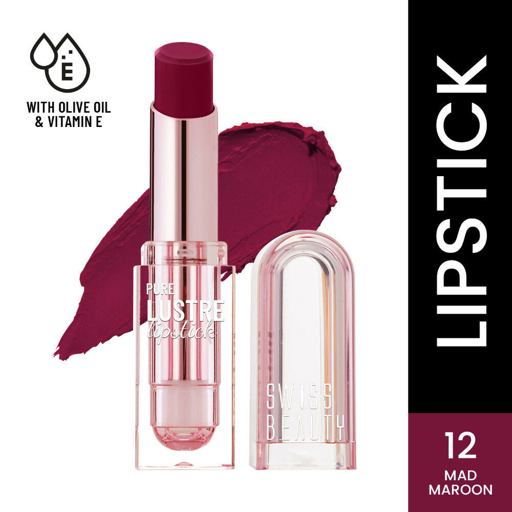 Swiss Beauty High Shine Finish Smooth Glide Pure Lustre Lipstick - 12 Mad Maroon | Grocsy