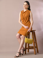 Myshka Women's Mustard Solid Cowl Neck Bodycon Party Dress | Grocsy