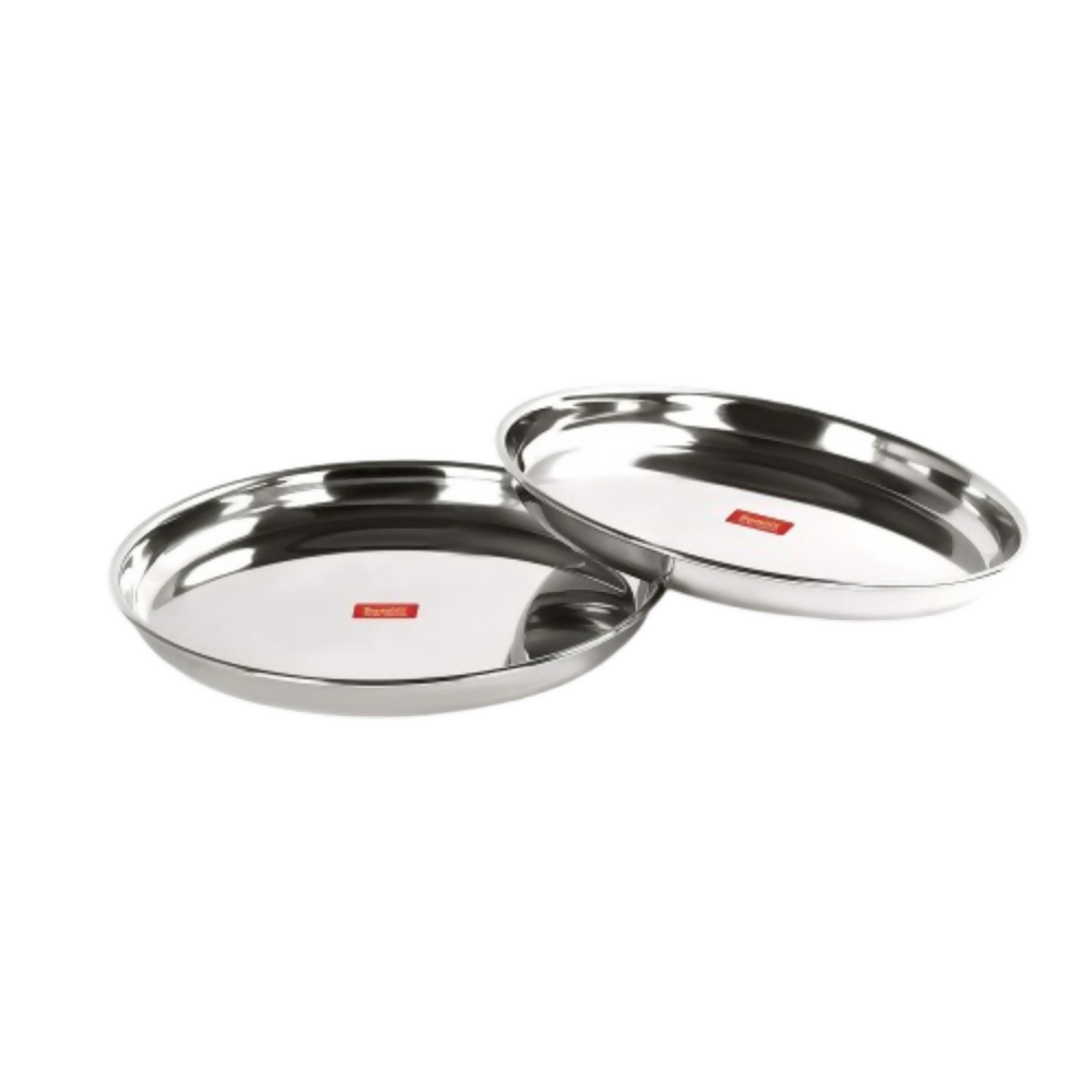 Sumeet Stainless Steel Heavy Gauge Deep Wall Dinner Plates with Mirror Finish | Grocsy