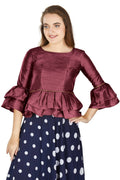 Aastha Fashion Women's Wine Art Silk Bell Sleeves attire with Poly Cotton Lining Blouse | Grocsy