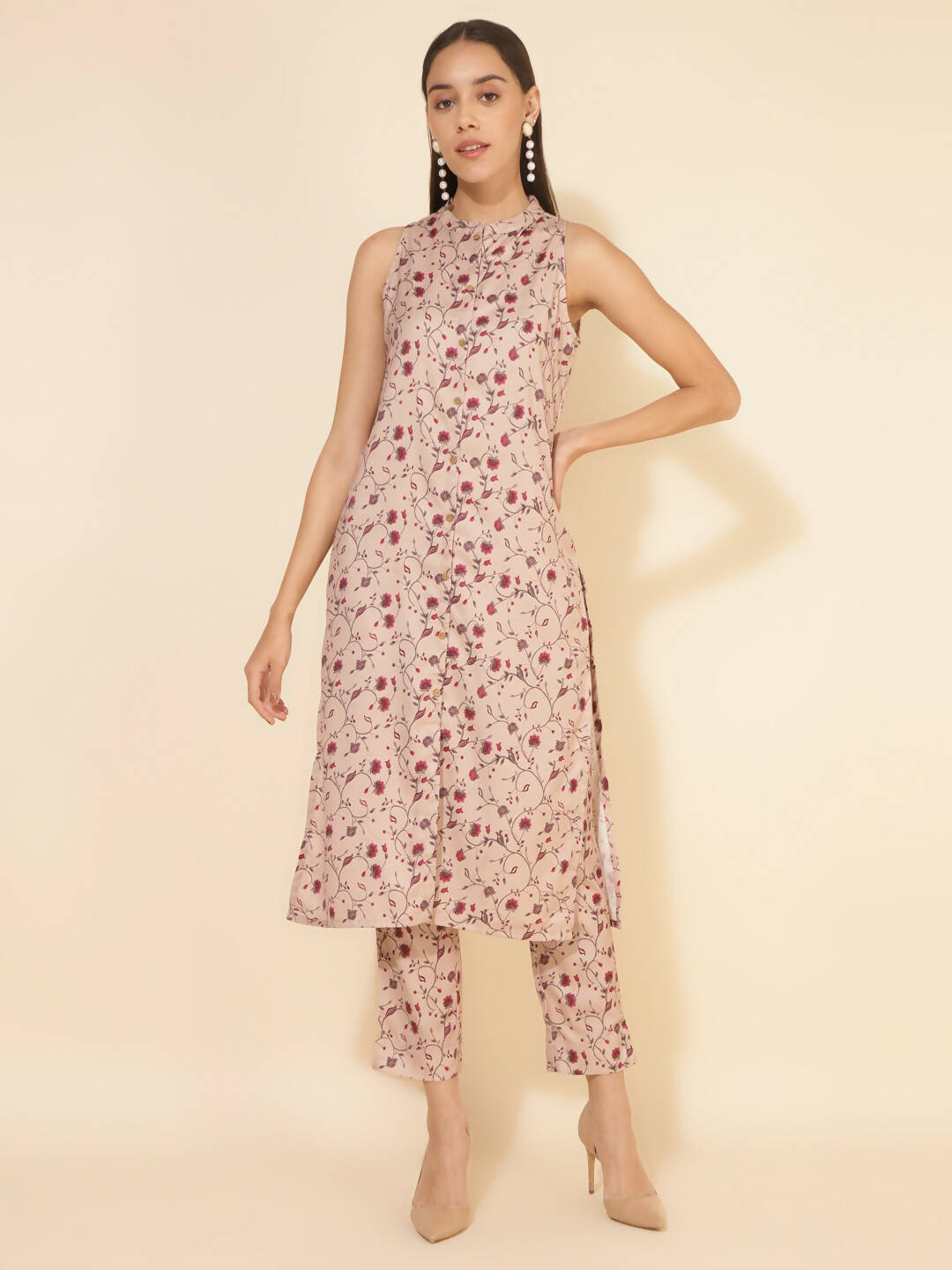 Janasya Women's Beige Moss Digital Floral Printed Casual Straight Co-ords | Grocsy