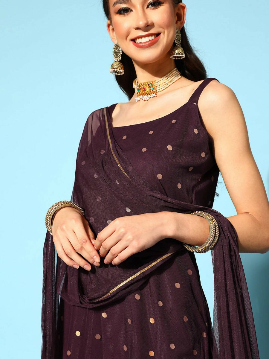 Ahalyaa Women Wine Colour Crepe Gold Printed Kurta Sharara Set | Grocsy