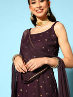 Ahalyaa Women Wine Colour Crepe Gold Printed Kurta Sharara Set | Grocsy