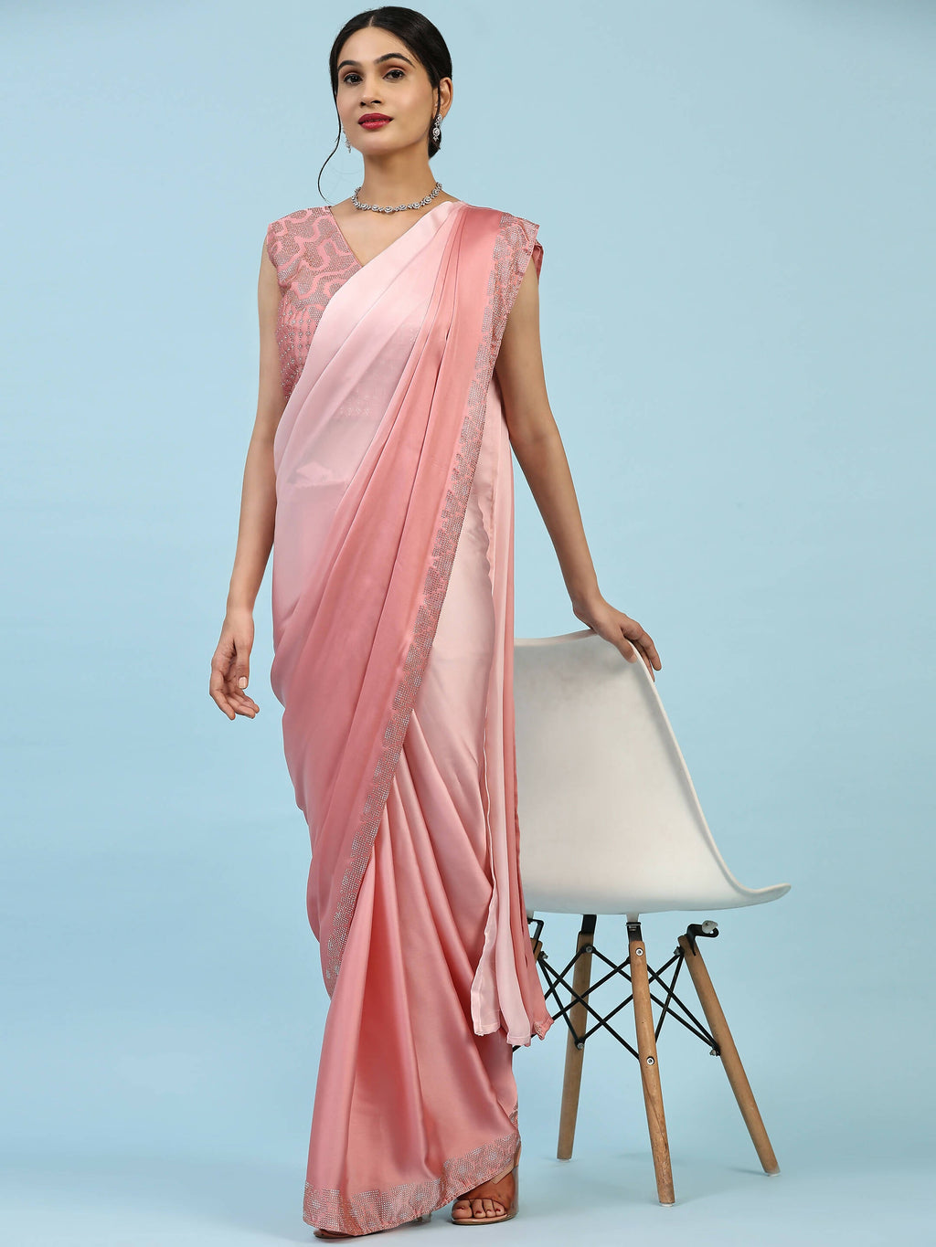 Peach Ombre Satin Georgette Plain Ready to wear Saree with stitched Blouse - Vrinda | Grocsy