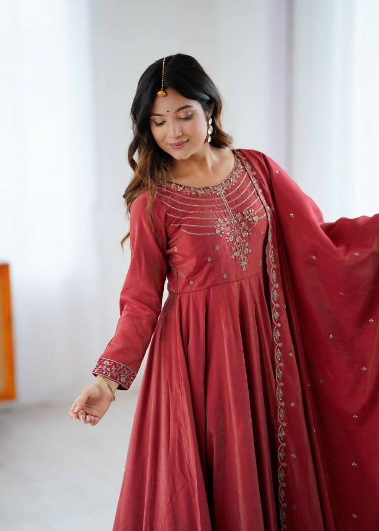 Teeya Creation Brown Color Pure Roman Silk Party Wear Designer Gown | Grocsy