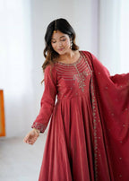 Teeya Creation Brown Color Pure Roman Silk Party Wear Designer Gown | Grocsy
