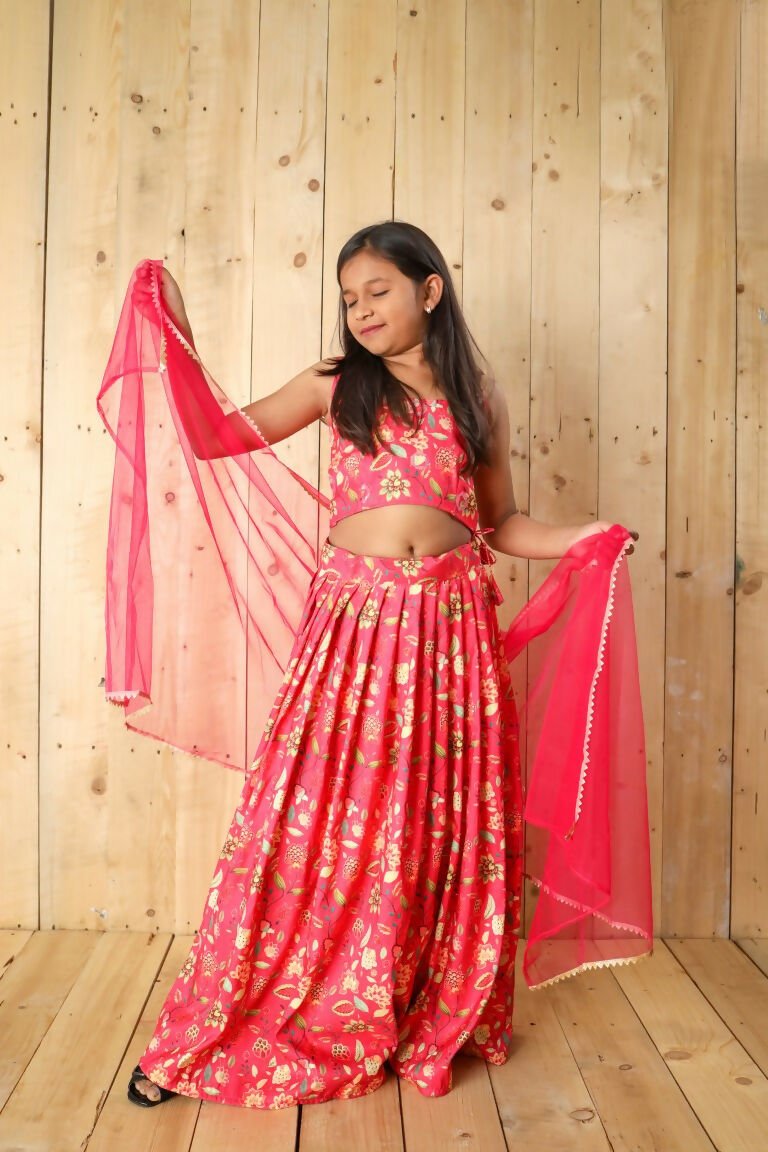Aayaa Designer Printed Silk Embroidery Kids Lehenga Choli - Pink | Grocsy