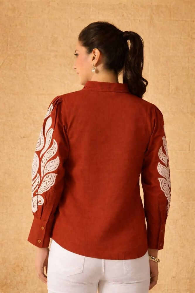 Teeya Creation Women Trendy Rust Cotton Button-Down Top with White Contrast Embroidered Sleeves | Grocsy