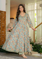 Jaimini Women Cotton Printed V-Neck 3/4 Sleeves Calf Length Flared Kurta Pant And Dupatta Set | Grocsy