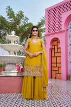 Teeya Creation Womens New Stylish Moti Beads With Cording Sequence Thread Embroidery Work Yellow Kurta Set | Grocsy
