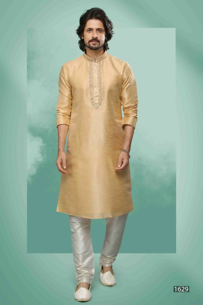 Raivat Ethnic Art Silk Mirror Embroidery Work Kurta Pajama In Beige Colour | Grocsy