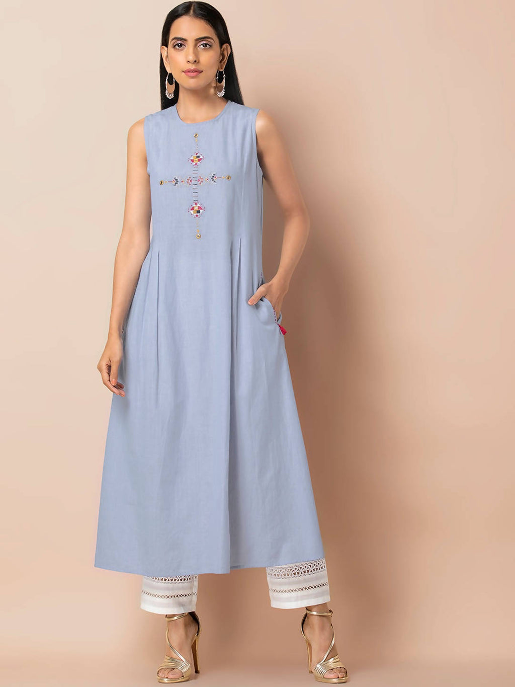 Indya Women Blue Solid A-Line Kurta | Grocsy
