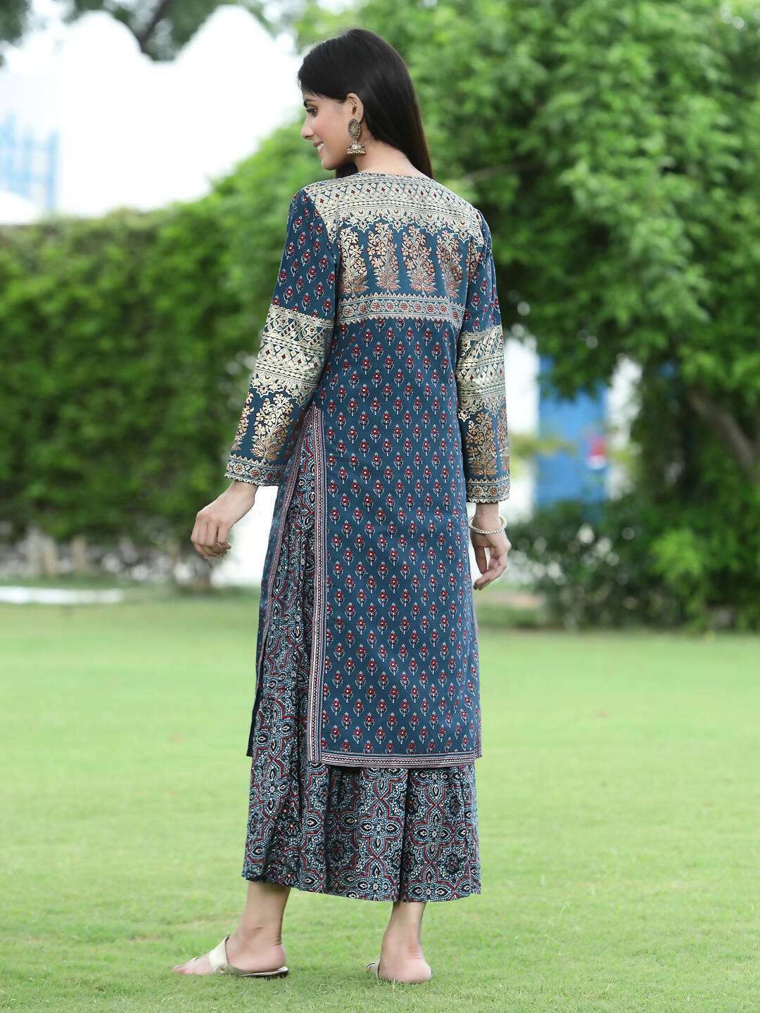 Juniper Women Teal Chanderi Festive Printed Tiered Kurta | Grocsy