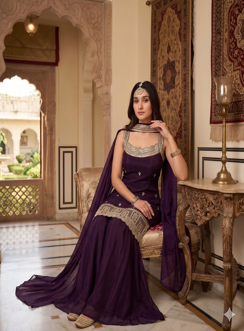 Teeya Creation Elegant Purple Ethnic Suit Set With Dupatta | Grocsy
