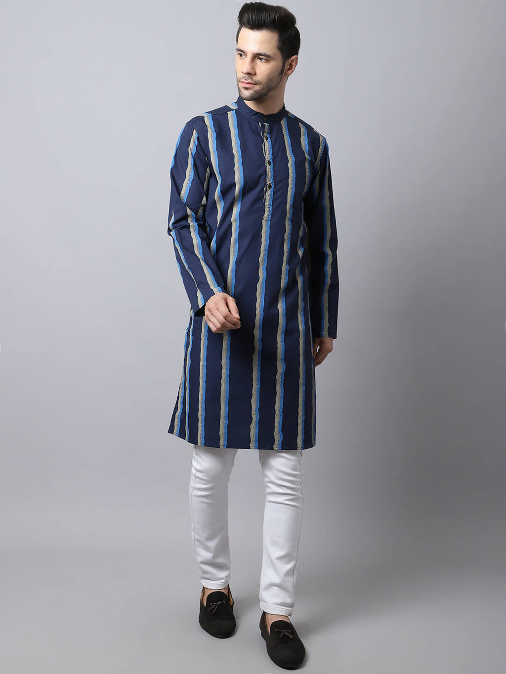 Even Apparels Navy Pure Cotton Men's Kurta With Band Collar (STR1169) | Grocsy