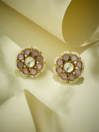 Nuyug 22K Gold-Plated Pink Kundan Studded & Beaded Floral Shaped Studs | Grocsy