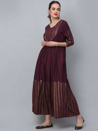 Rudra Bazaar Gold Printed A-Line Flared Brown Kurti | Grocsy