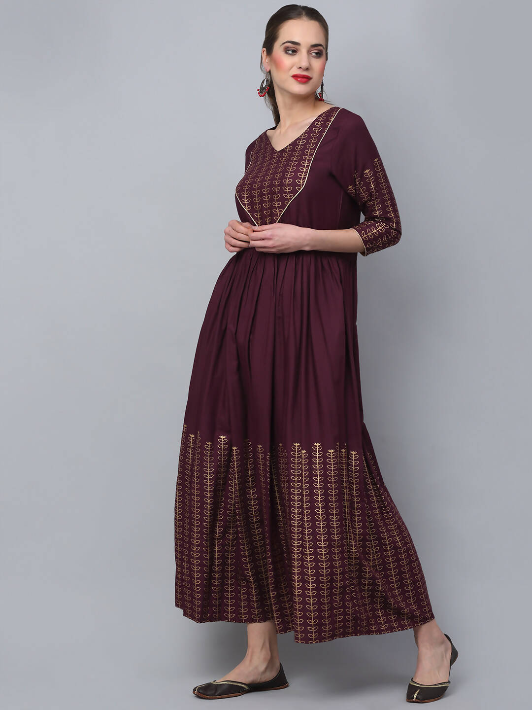 Rudra Bazaar Gold Printed A-Line Flared Brown Kurti | Grocsy