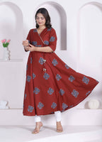 Miravan Womens Rust Floral Printed Pure Cotton Gota Patti Angrakha Kurta | Grocsy