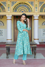 Vaasva Women Aqua Muslin Pleated Kurta & Pant Clothing Set | Grocsy
