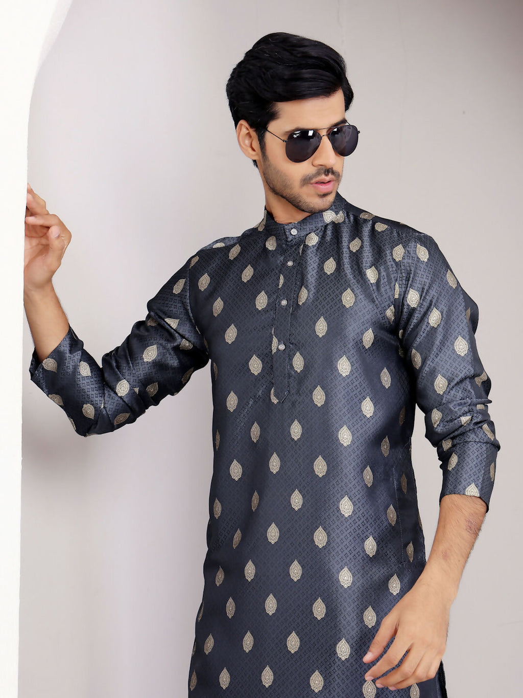 Navy Blue Viscose Woven Jacquard Work Men's Kurta - Mahotsav | Grocsy