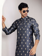 Navy Blue Viscose Woven Jacquard Work Men's Kurta - Mahotsav | Grocsy