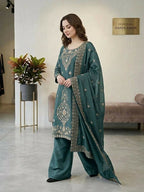 Teeya Creation Teal Color Gimmychu Silk Embroidery Work Wedding Wear Salwar Suit | Grocsy