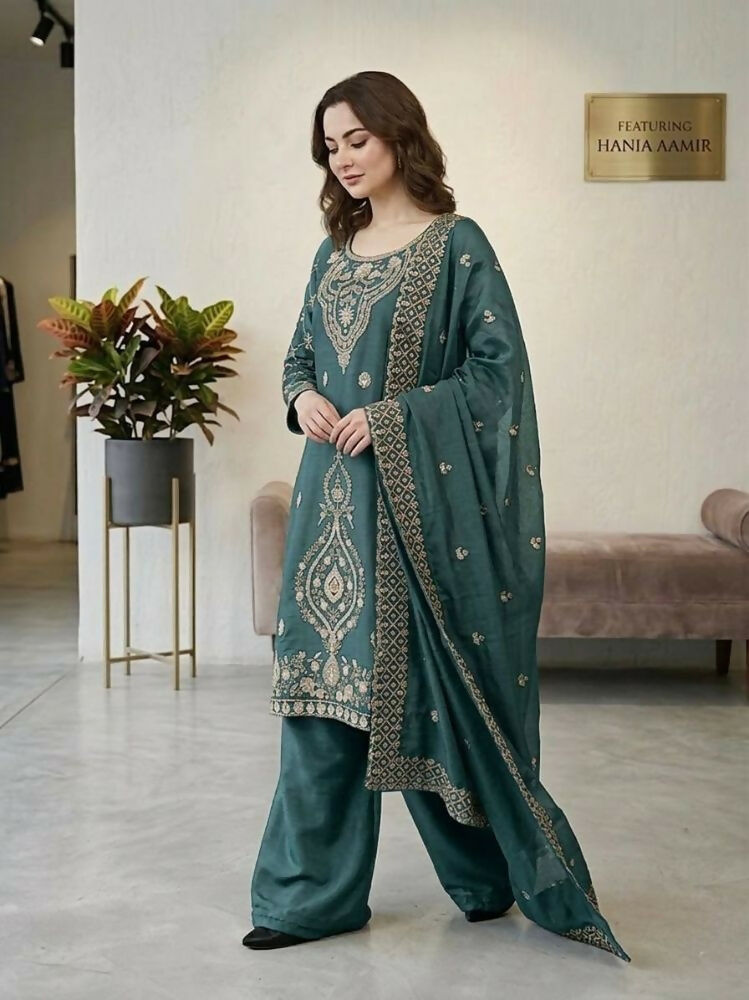 Teeya Creation Teal Color Gimmychu Silk Embroidery Work Wedding Wear Salwar Suit | Grocsy