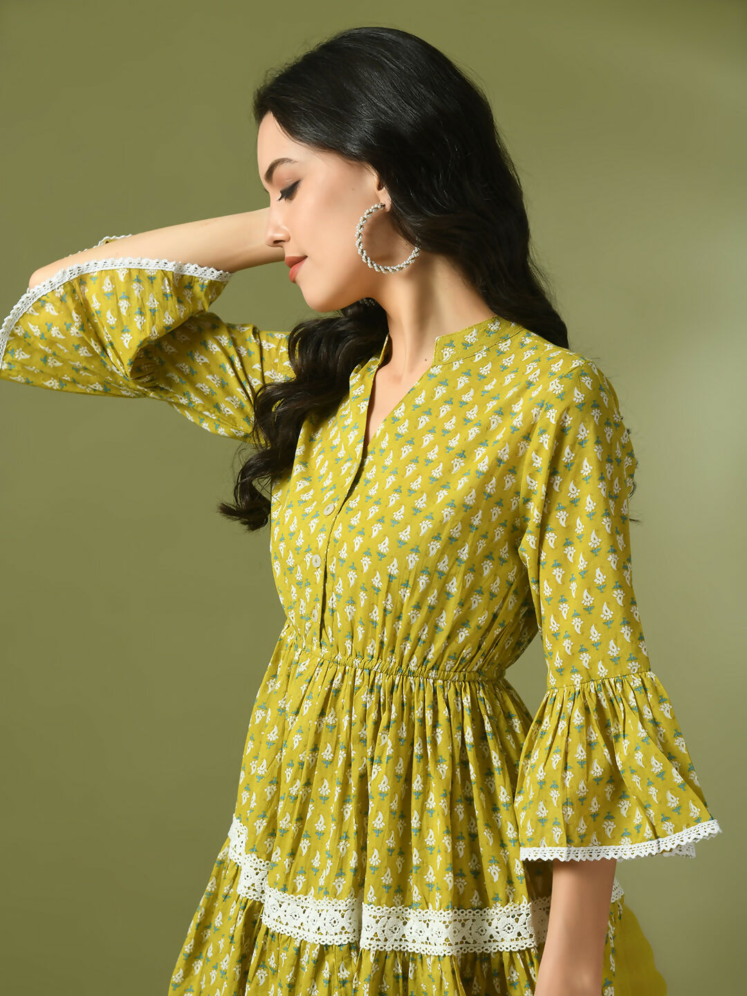Myshka Women's Yellow Embellished Cotton Gathered Party Empire Top | Grocsy