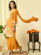 Myshka Women's Mustard Georgette Kurta & Palazzos With Dupatta Party Sets | Grocsy