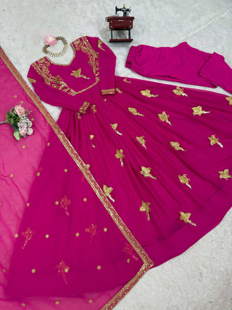 The52 Women's Gorgeous Faux Georgette Fabric Embroidery Work Flared Anarkali Pant and Dupatta Set | Grocsy