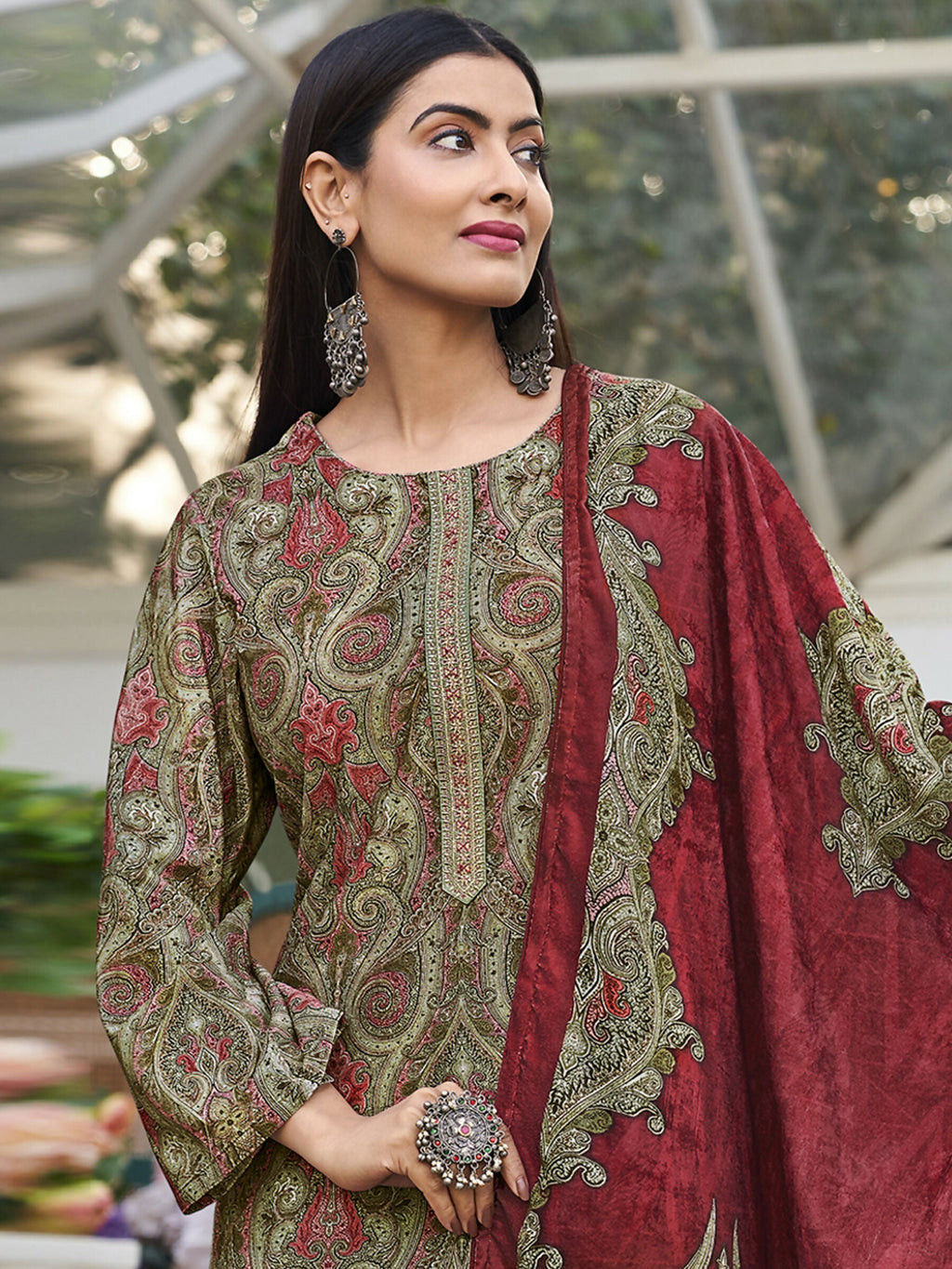 Jyoti Fashion Women's Green Velvet Digital Print with Resham Thread work Kurta with Trouser & Dupatta | Grocsy