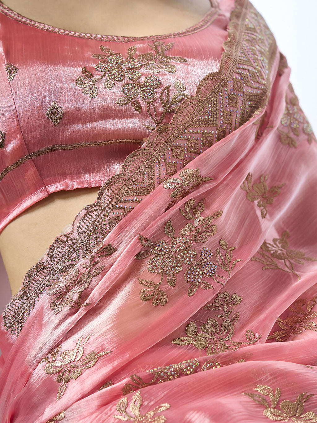 Coral Burburry silk Designer Embroidery Work Saree - Shezlin | Grocsy