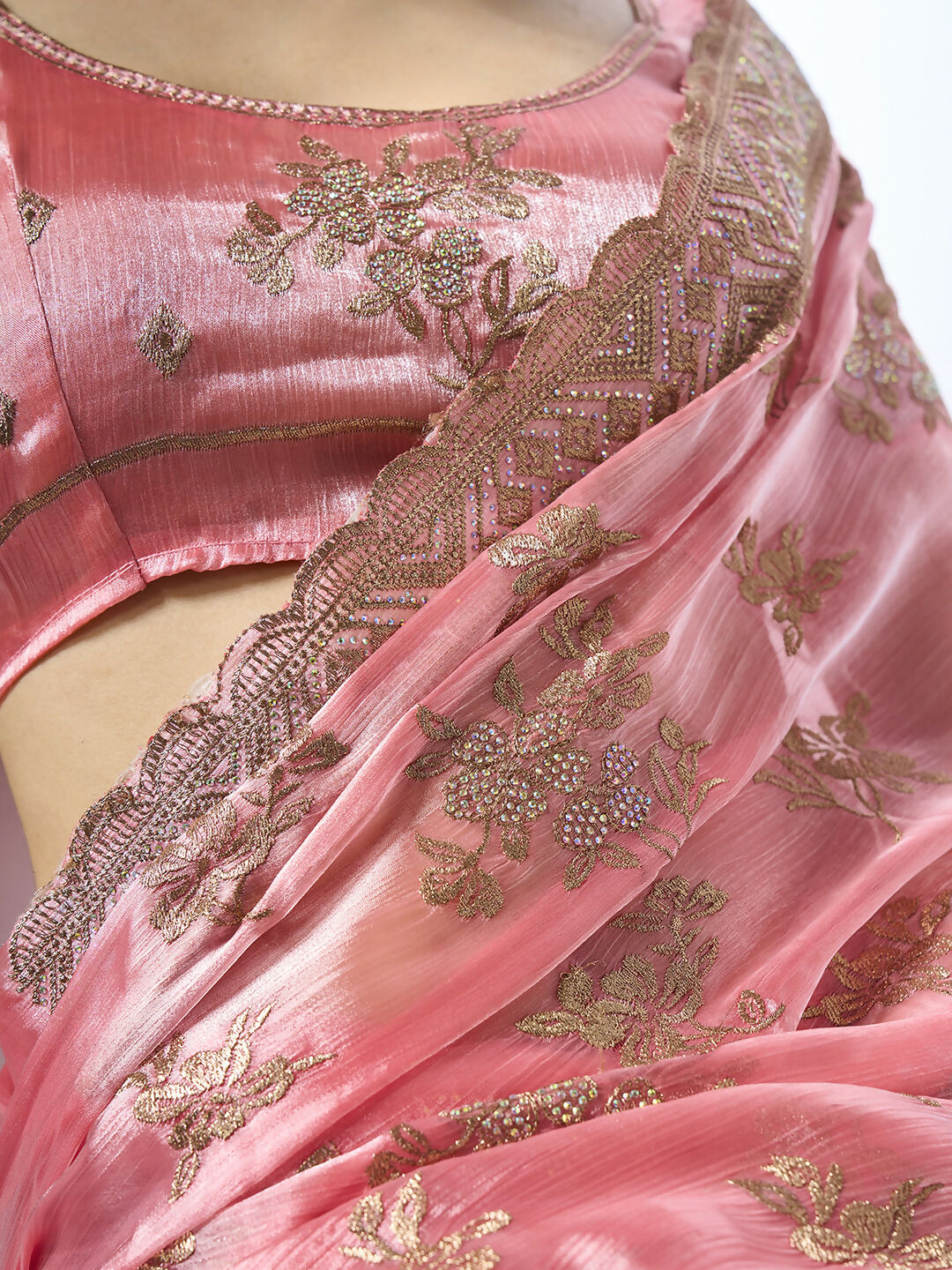 Coral Burburry silk Designer Embroidery Work Saree - Shezlin | Grocsy