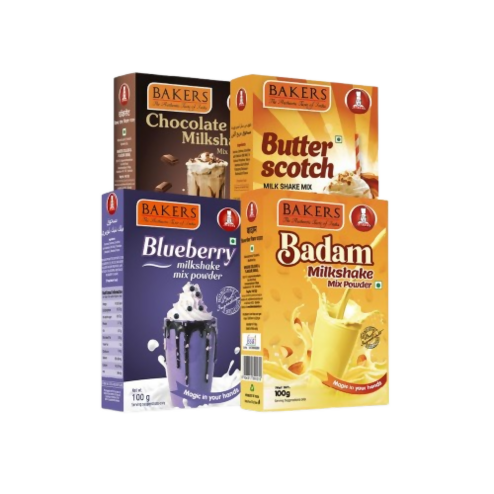 BAKERS Premium Milk Shake Mix - Blueberry, Badam, Butterscotch & Chocolate | Grocsy