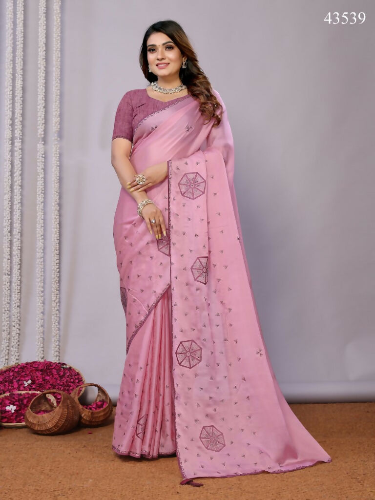Pink Zari Organza Stone Work All Over Saree - Norita Saumya | Grocsy