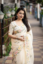 Cream Pure Linen Ethnic Motifs Saree with Unstitched Blouse - A2M | Grocsy