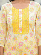 Juniper Women's Yellow Floral Printed Cotton Kurta Pant With Dupatta Set With Sequins & Thread Work | Grocsy