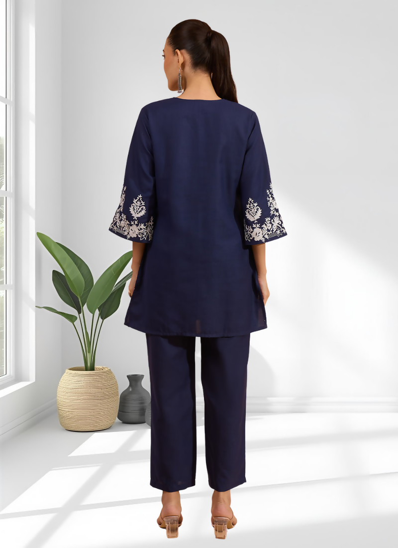 Joban Fashion Navy Blue Cotton, Linen Embroidered Readymade Cord Set | Grocsy