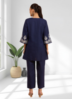 Joban Fashion Navy Blue Cotton, Linen Embroidered Readymade Cord Set | Grocsy