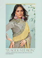 Yellow & Grey Silk Glitter Georgette Texture Saree With Unstitched Blouse Piece - Norita Ikshita | Grocsy