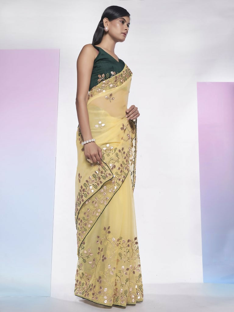 Cream Simmar Heavy Gotta Embroidery Work Saree with Unstitched Blouse - Vandini | Grocsy
