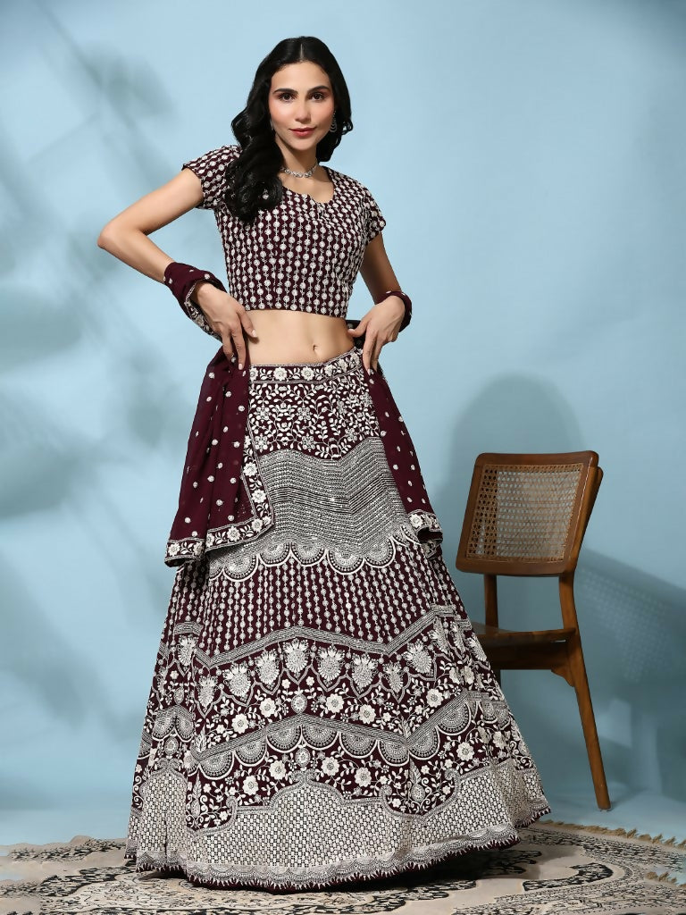 Brown Georgette Thread Embroidered Lehenga Choli with Dupatta - Tanya | Grocsy