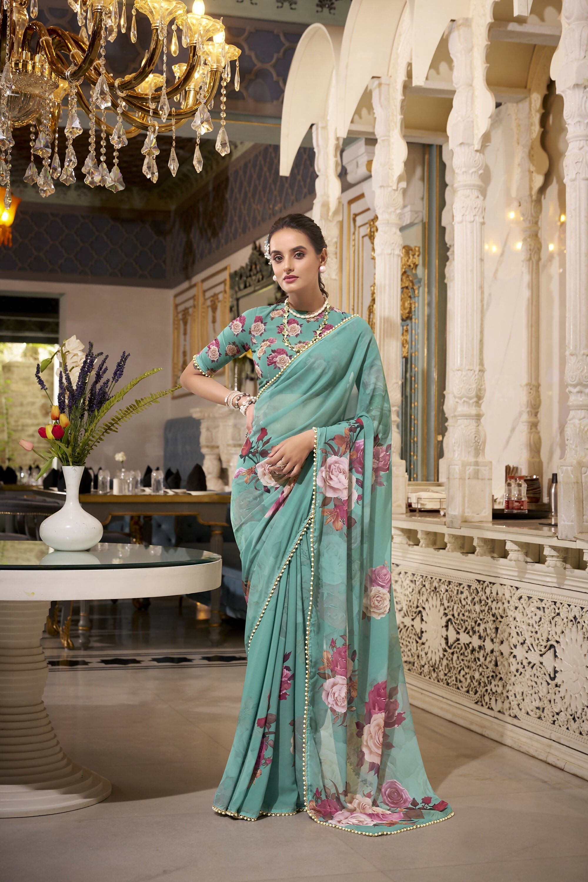 Vastranavya Green Spectacular Georgette Printed with Pearl Lace Saree with Unstitched Blouse | Grocsy