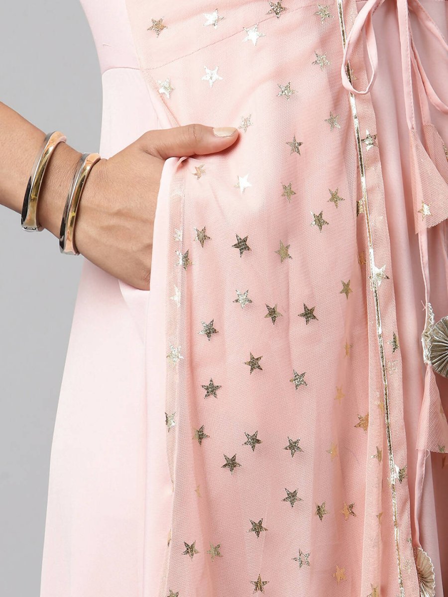 Ahalyaa Women Pink Crepe & Net Foil Print Dress | Grocsy